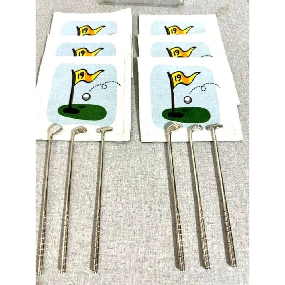 6 Cotton Cloth 19th Hole Drink Coasters & Set of 6 Golf Club Drink Stirrers